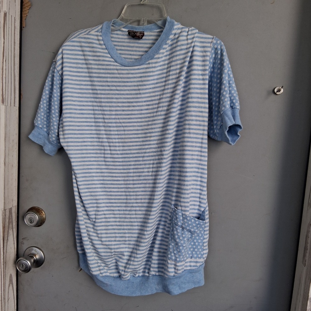 True Vintage 80s 90s Nautical Coastal Fisherman Blue White Striped Top GVC L USA